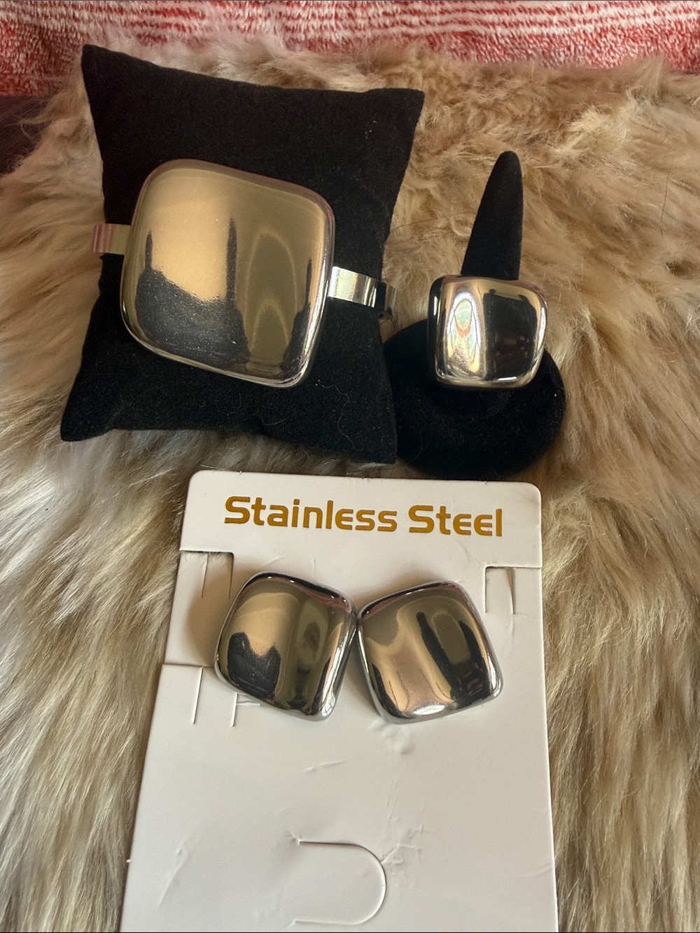 Polished Stainless Steel Square Bracelet, adjustable Ring & Earrings Set